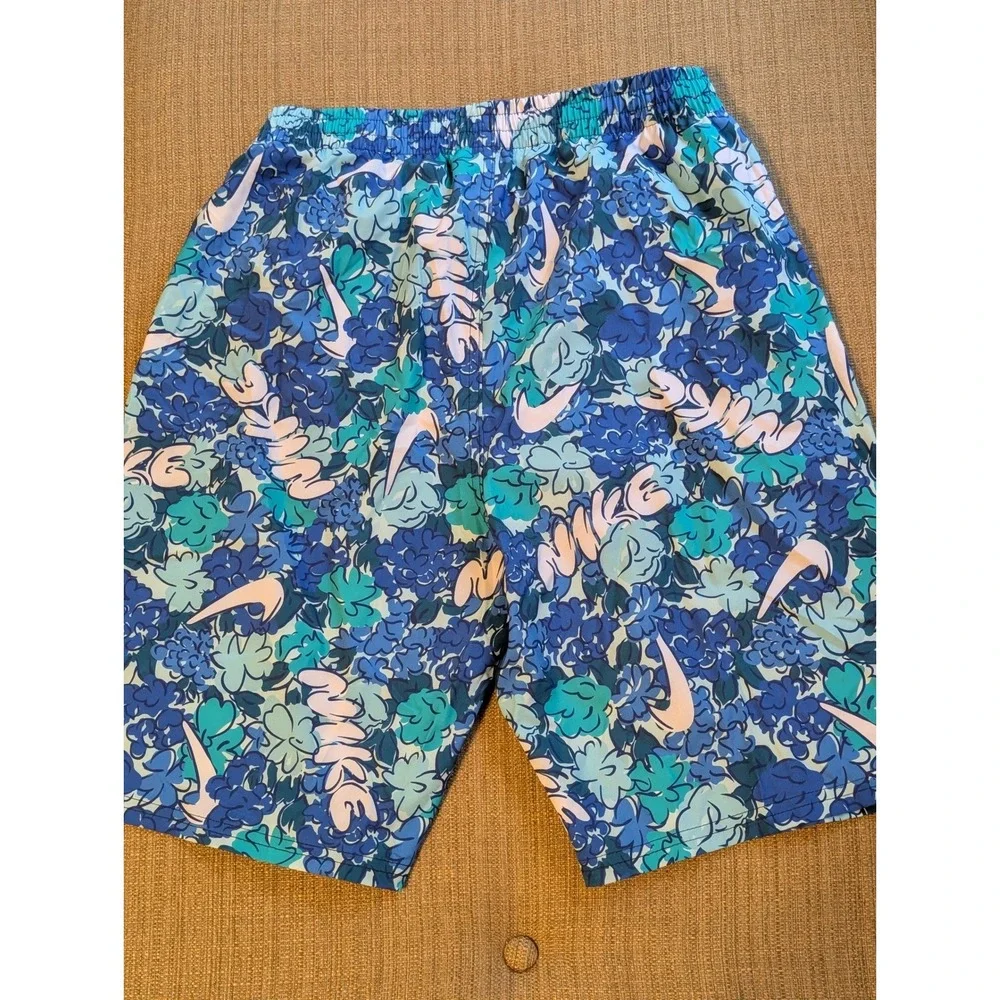 NWT Nike Boys XL Swim Trunks Blue Floral Swoosh Board Shorts (MSRP $50)